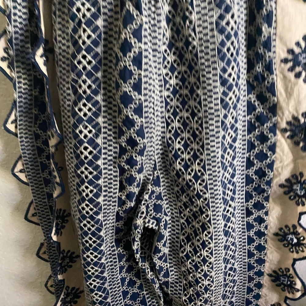 Chloe Laetitia Ruffle Detail Embroidered Eyelet Blue Cream Belted Jumpsuit Sz S - Picture 15 of 16